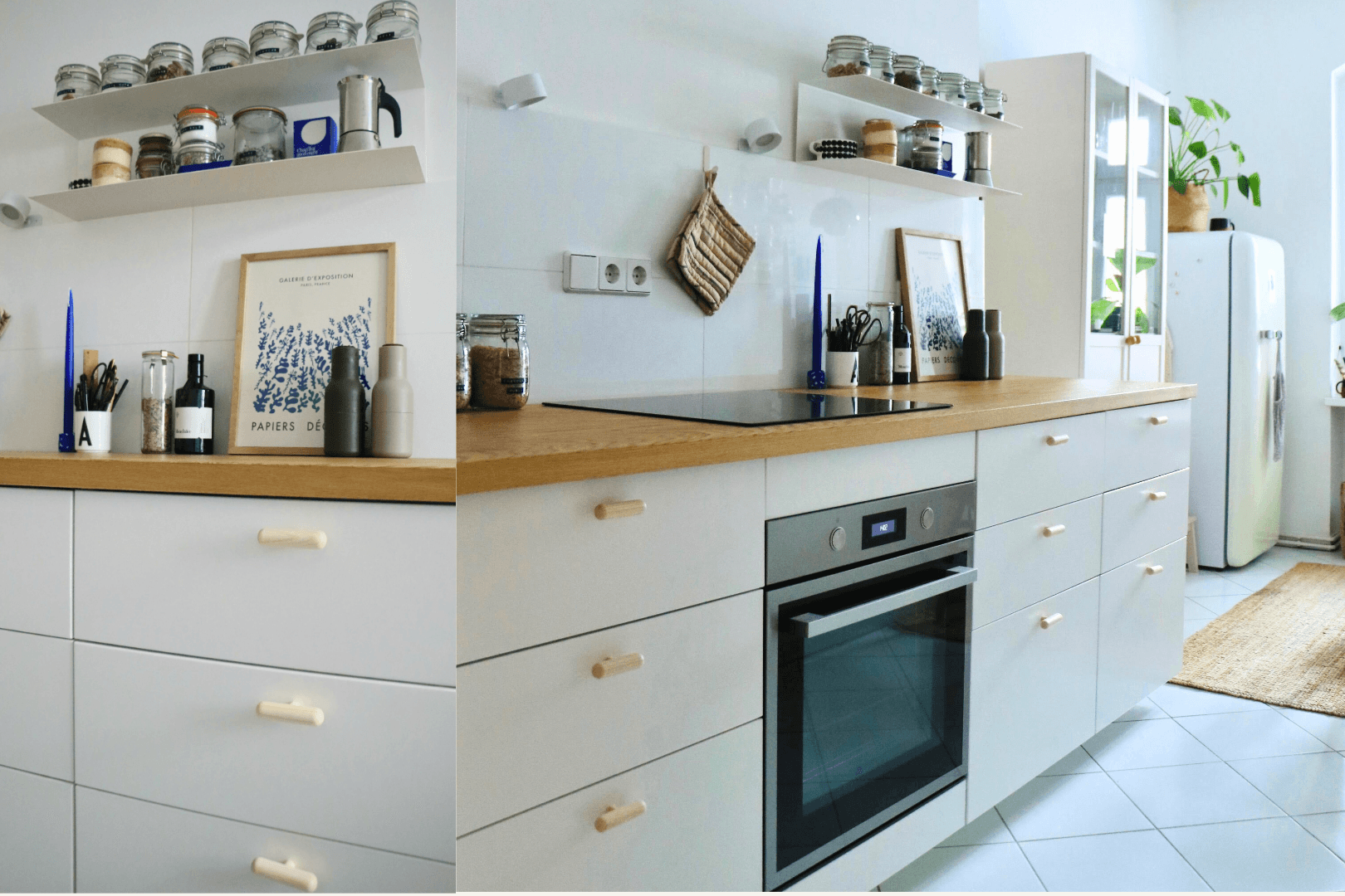 Meubles de cuisine avec poignées en bois et plan de travail clair dans une cuisine lumineuse et minimaliste