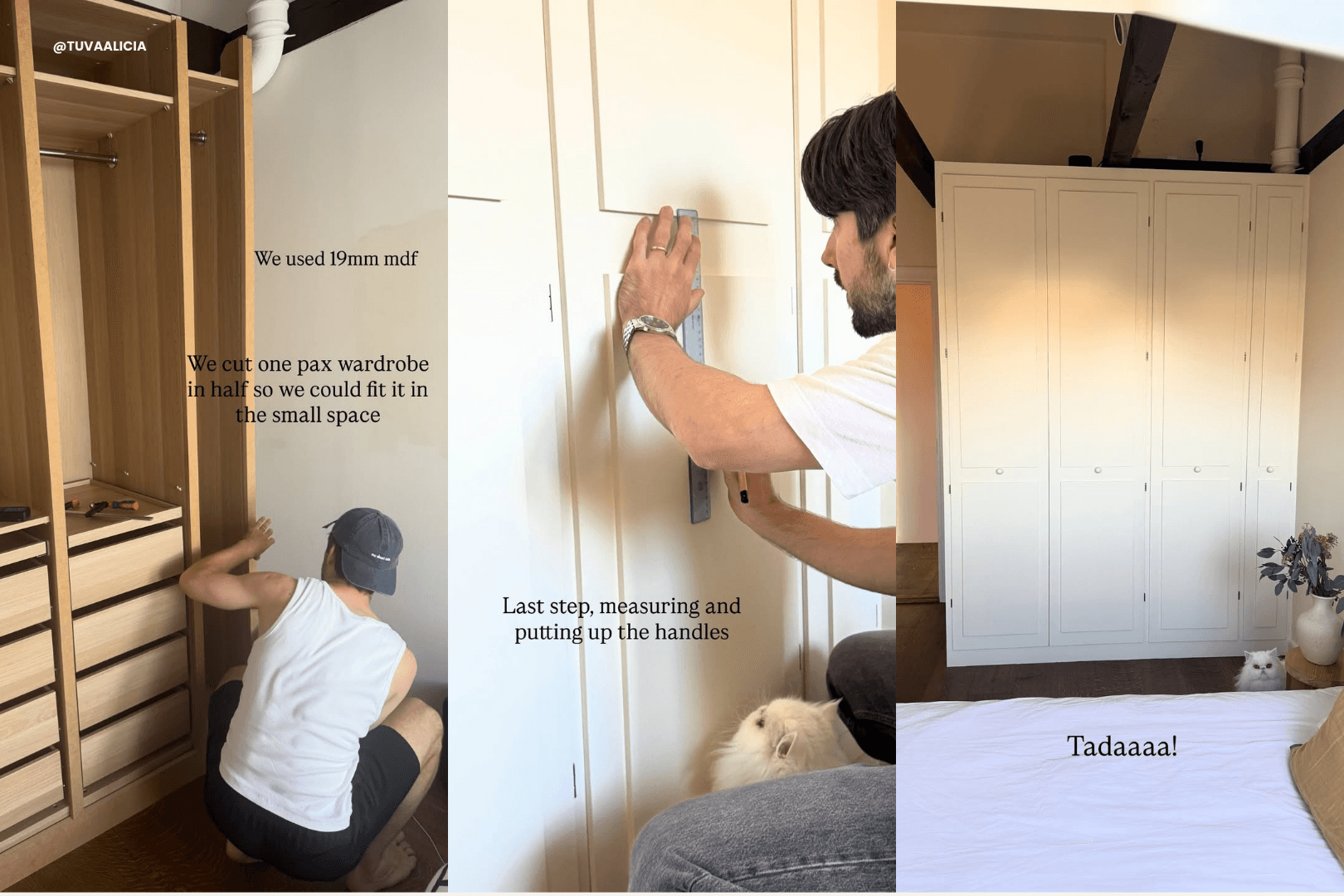 Process images showing the transformation of an IKEA PAX wardrobe, including cutting and fitting the units, measuring handle placement, and the finished built-in wardrobe with matching knobs.