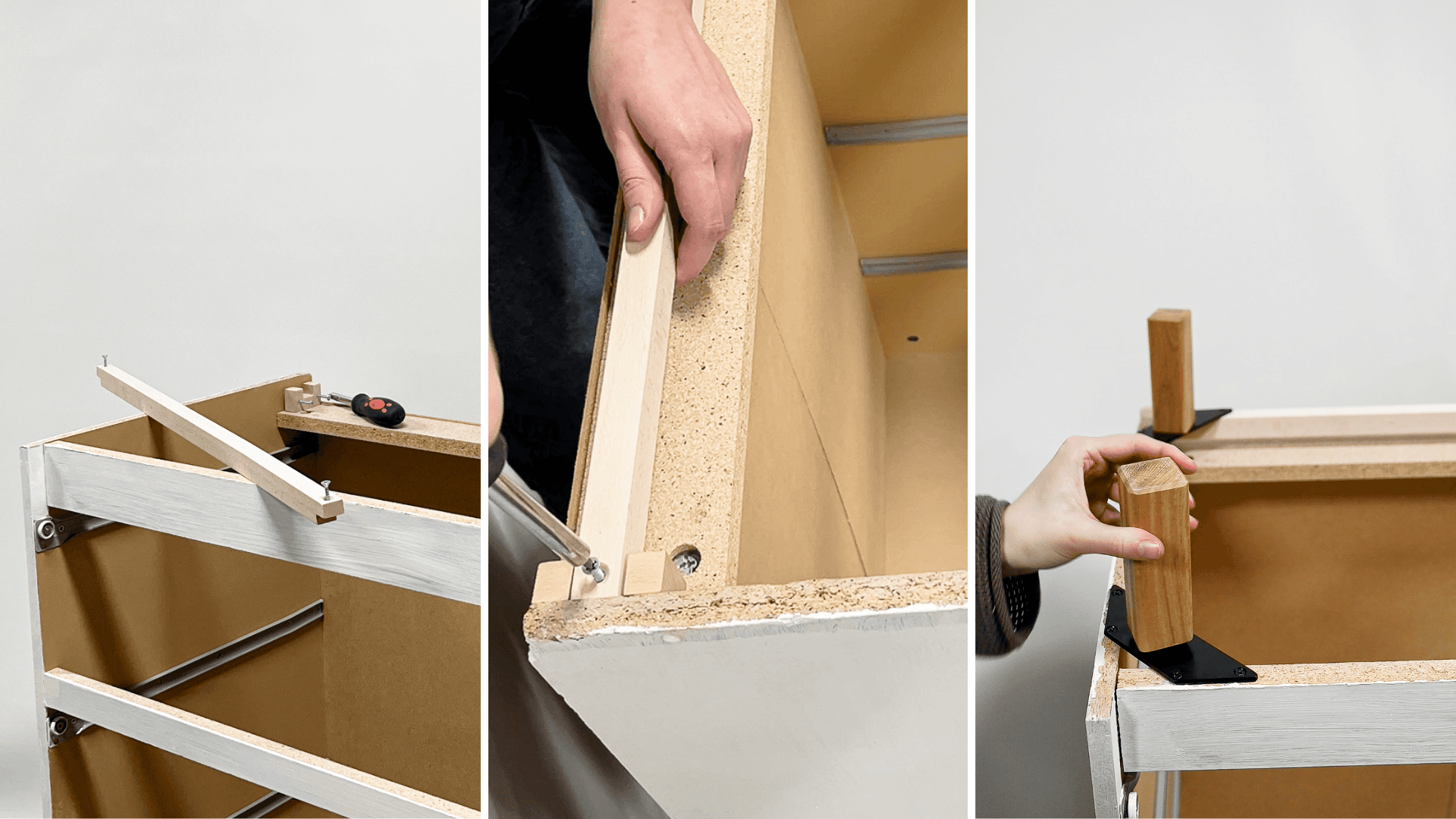 Installation des MALM Brackets in einer IKEA Kommode mit Holzstützen und Montage von Möbelfüßen