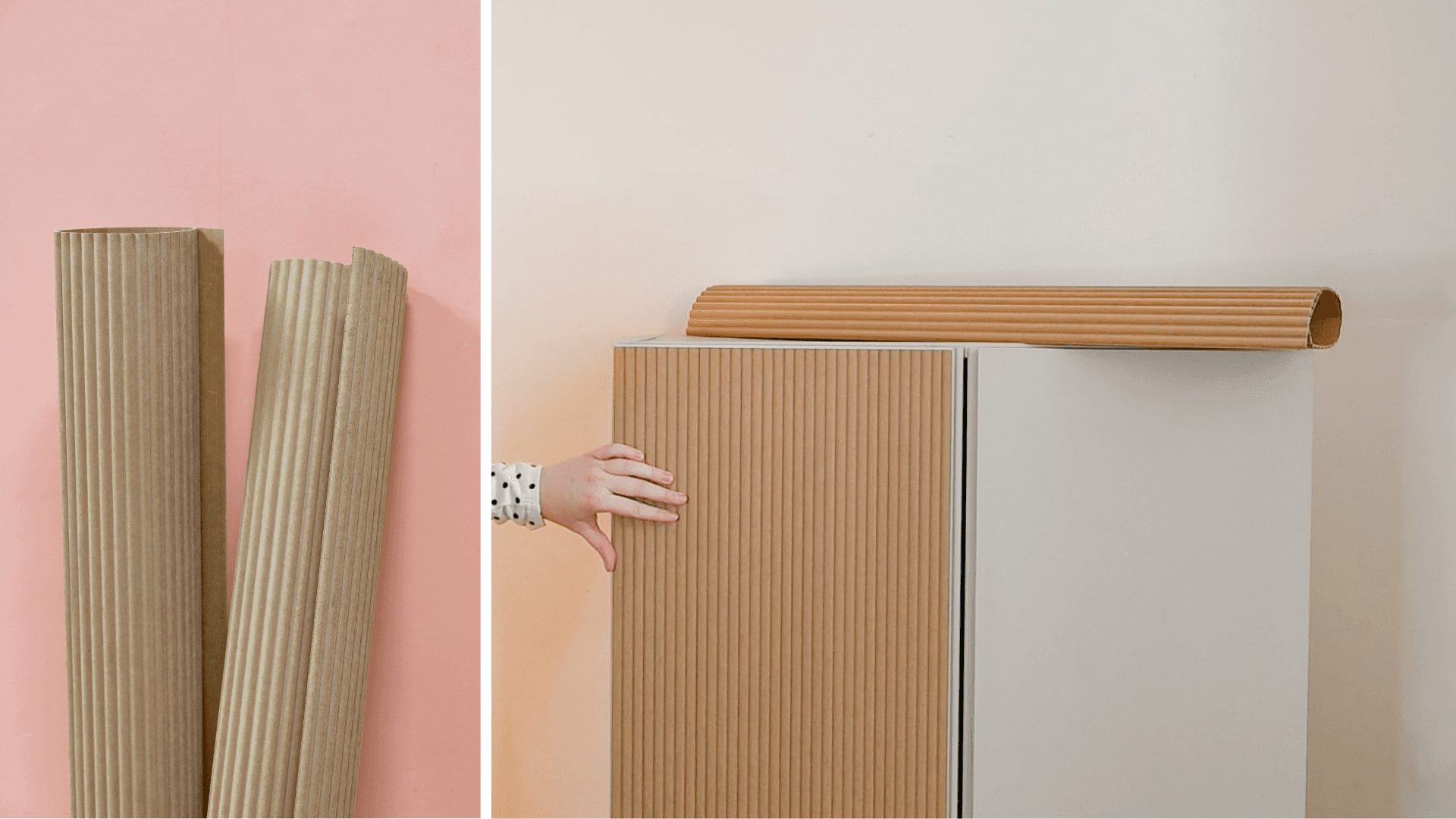 Single fluted panel being positioned on an IKEA IVAR cabinet door during the installation process