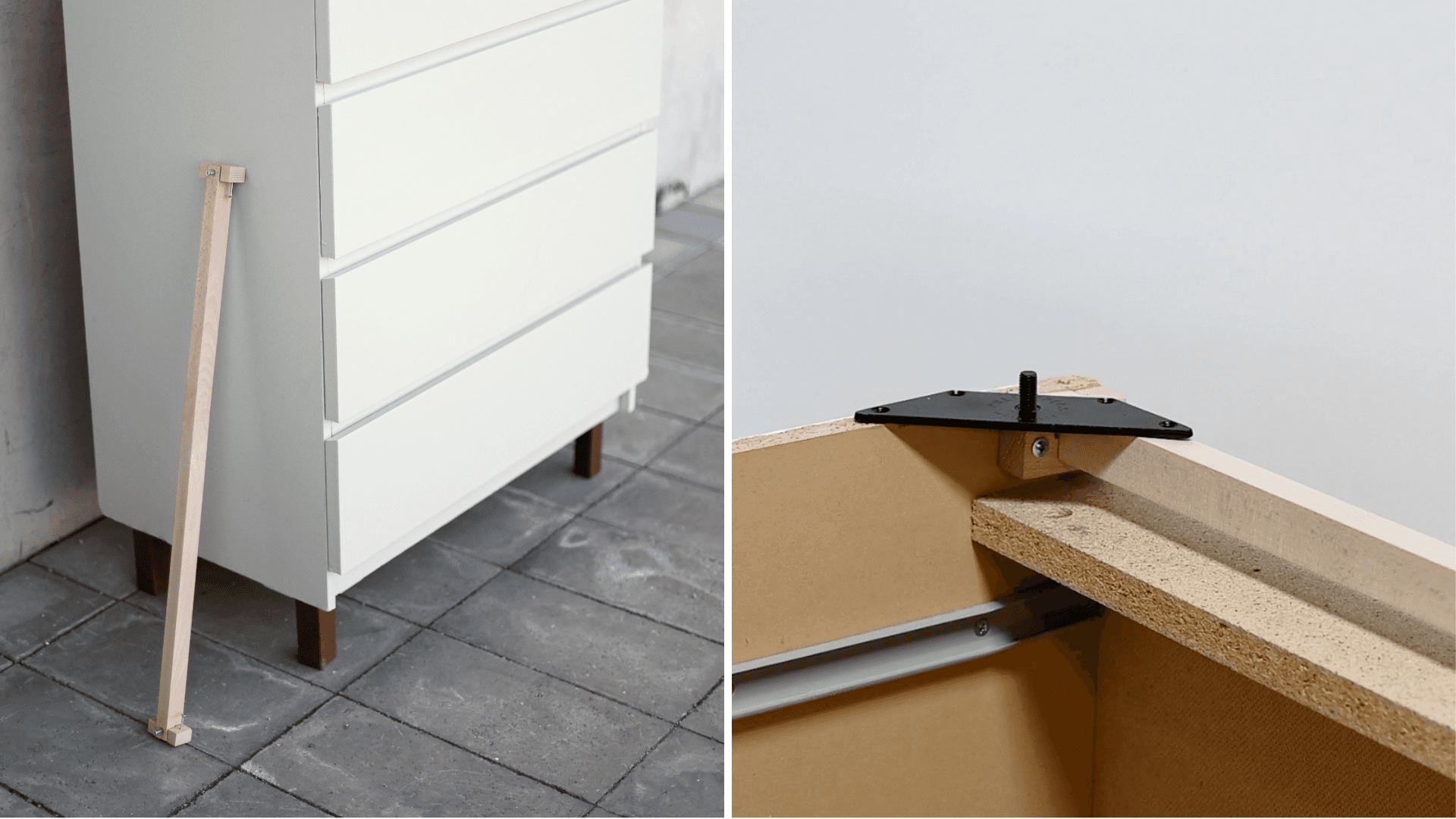 MALM Bracket im Inneren einer IKEA Kommode installiert, um die Montage von Möbelfüßen zu ermöglichen
