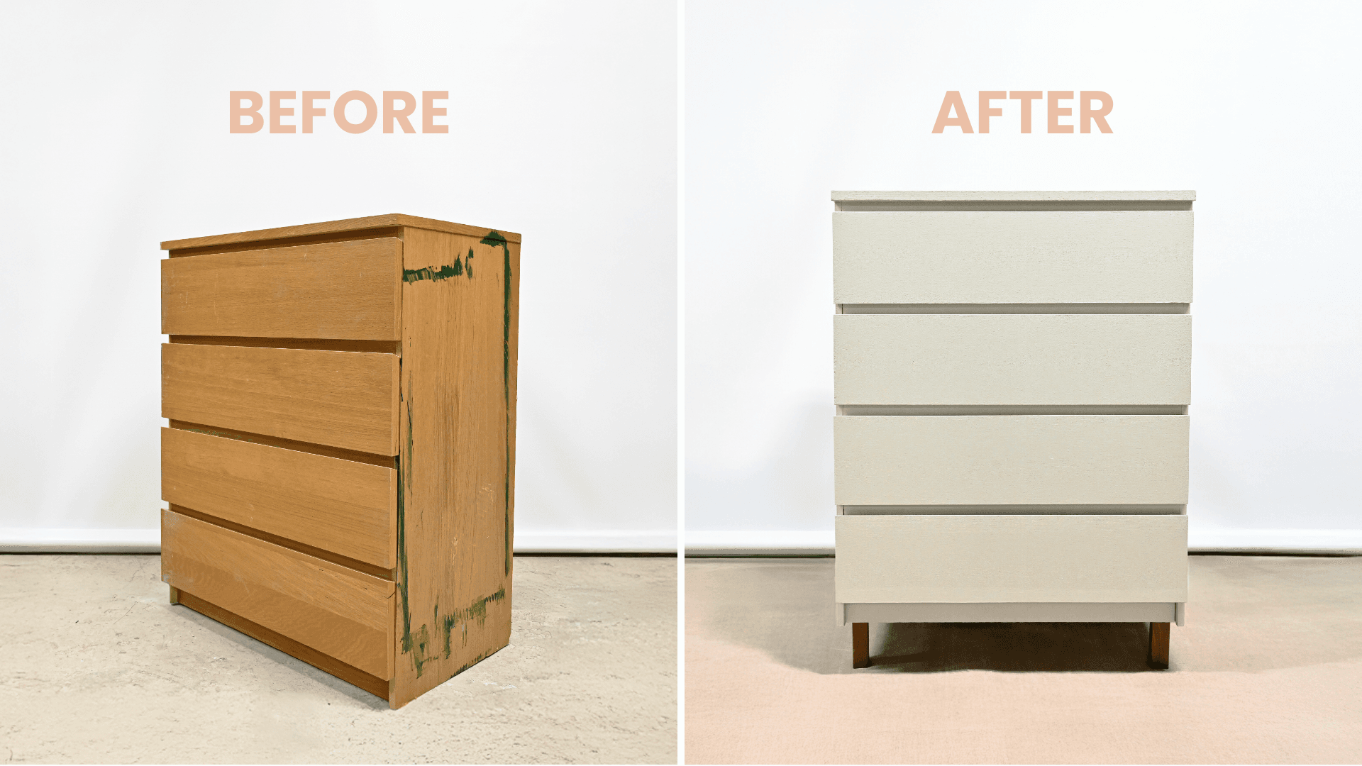 Vorher-nachher IKEA MALM Kommode mit Beinen und lackierter Oberfläche