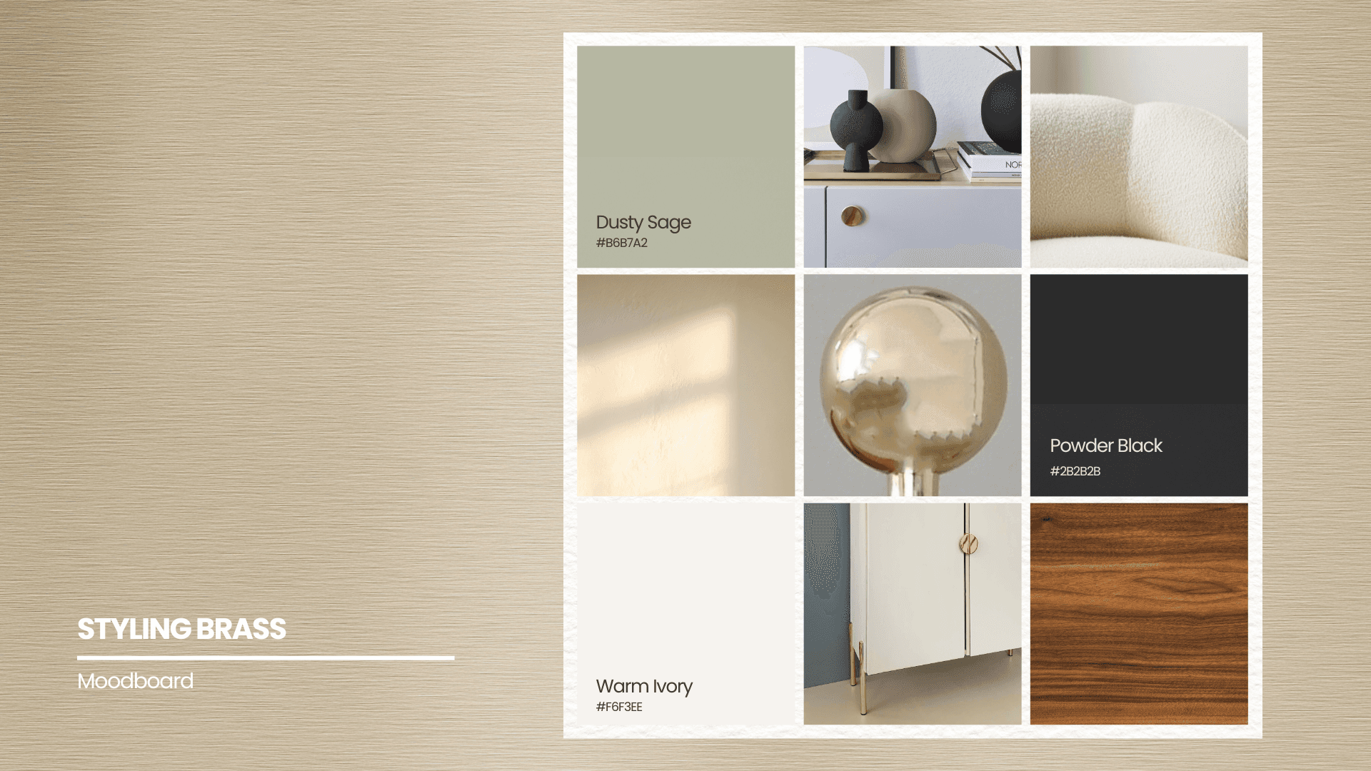 Interior design moodboard with brass accents, color palette in dusty sage, warm ivory, and powder black.