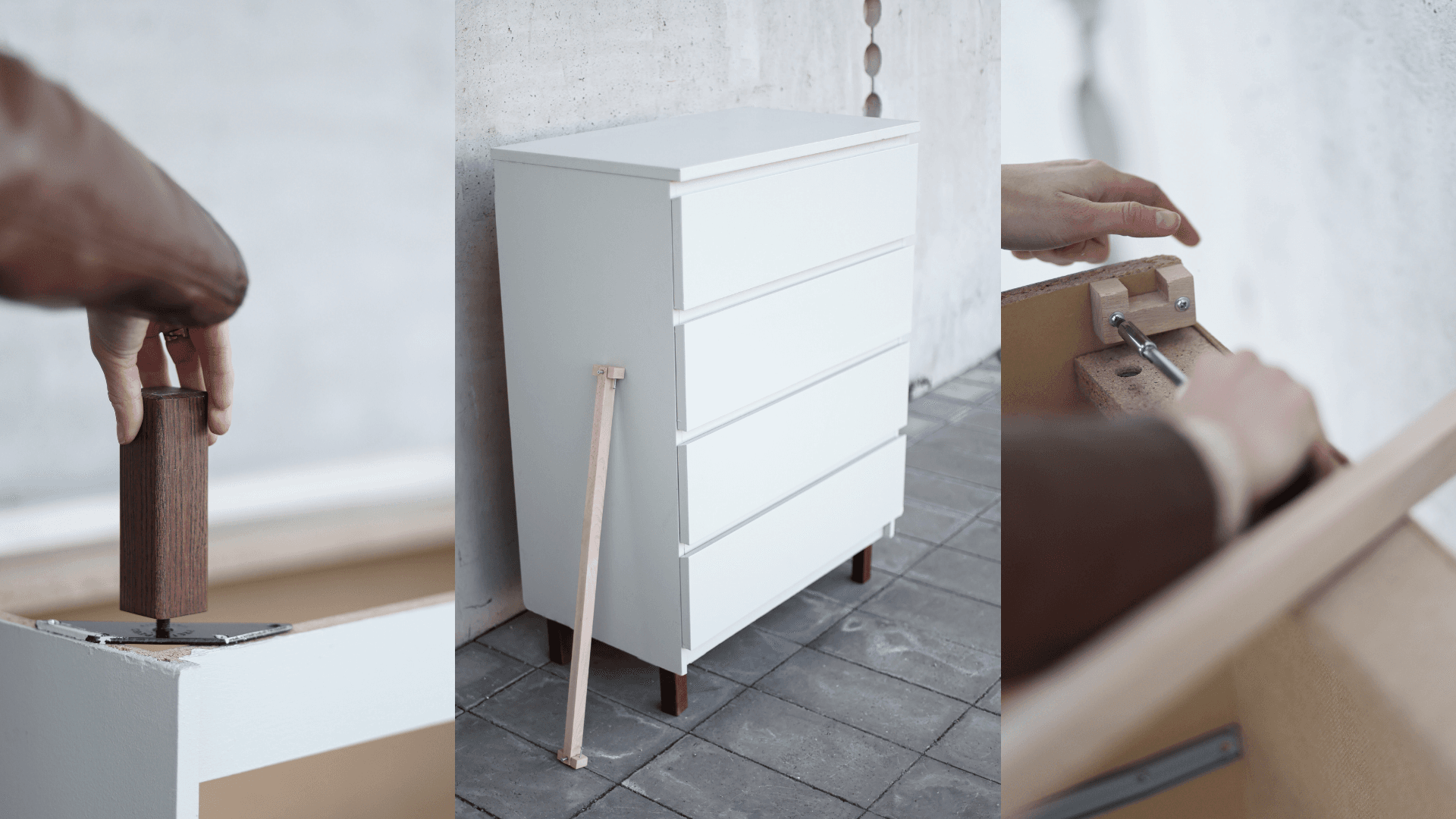 Schritt-für-Schritt-Installation des MALM Brackets und von Möbelfüßen an einer IKEA MALM Kommode