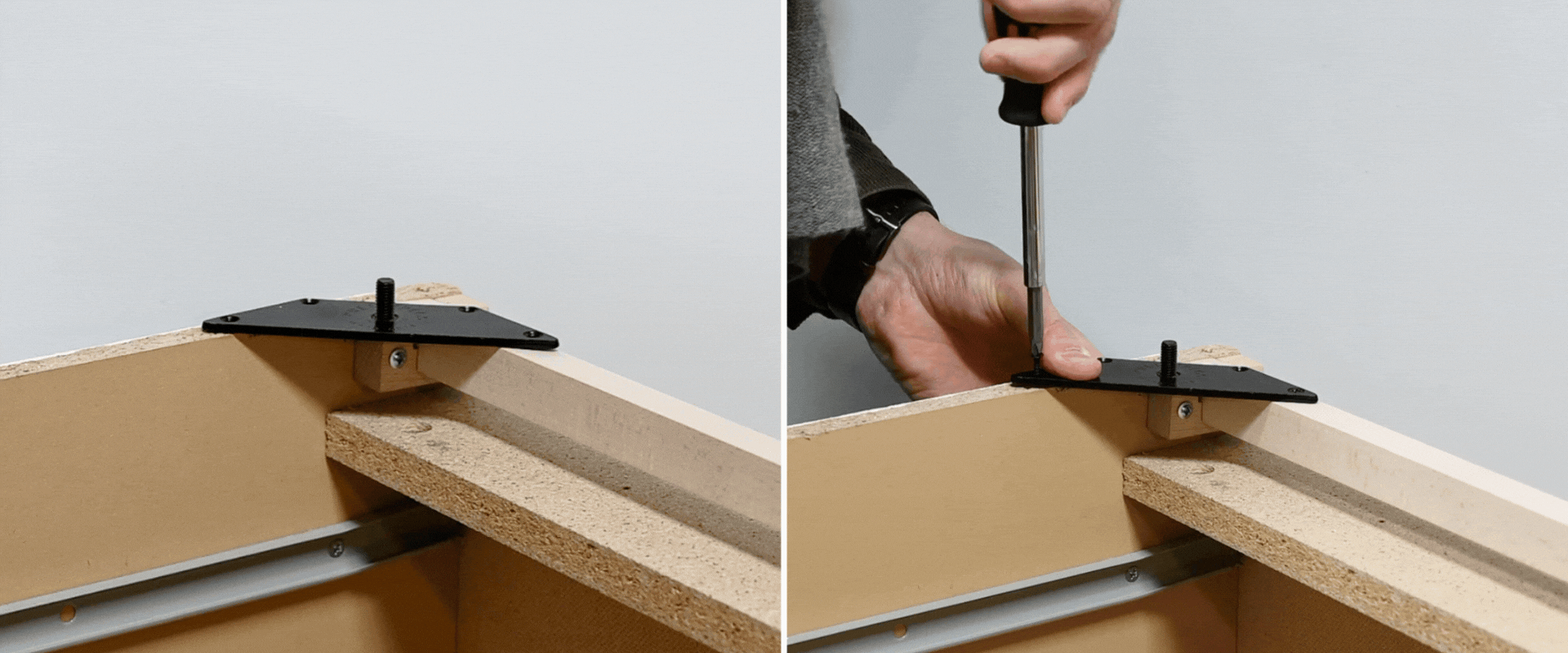 Montage einer Montageplatte an einer IKEA MALM Kommode mit Unterstützung durch ein Bracket