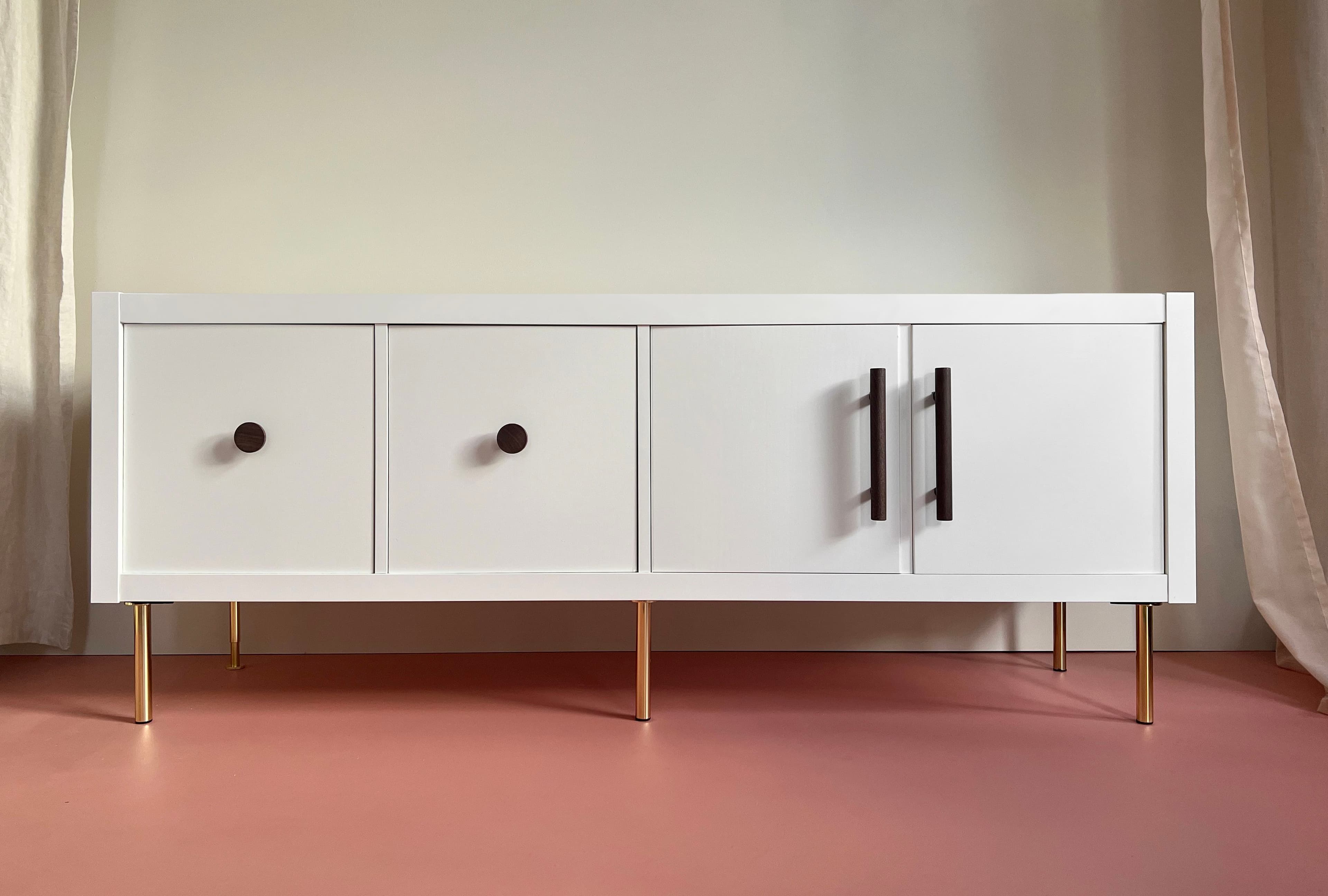IKEA Kallax Hack with brass legs and knobs